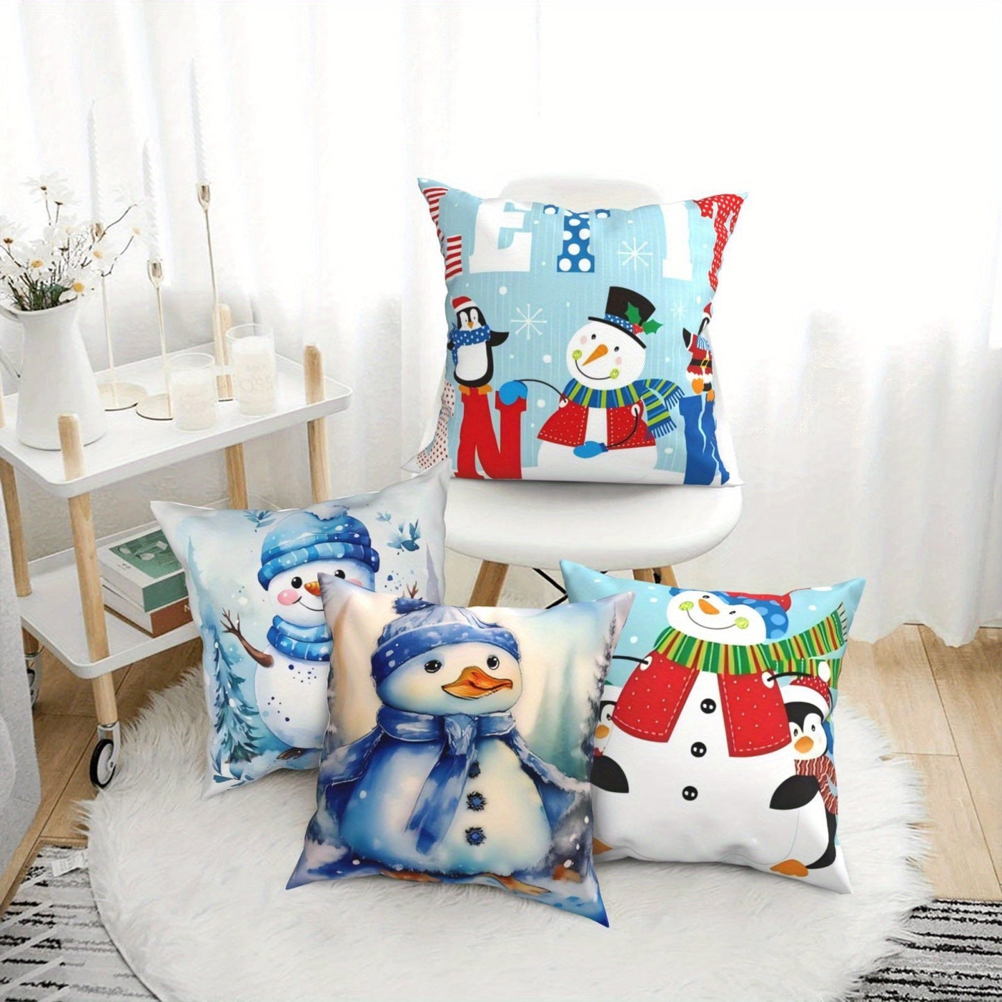 Christmas Decoration Pillow Cover featuring a festive snowman design, perfect for adding holiday cheer to your living room or bedroom. Makes a great Christmas gift or decoration. Each cover measures 45*45CM and comes in a set of 4 or individually. Pillow