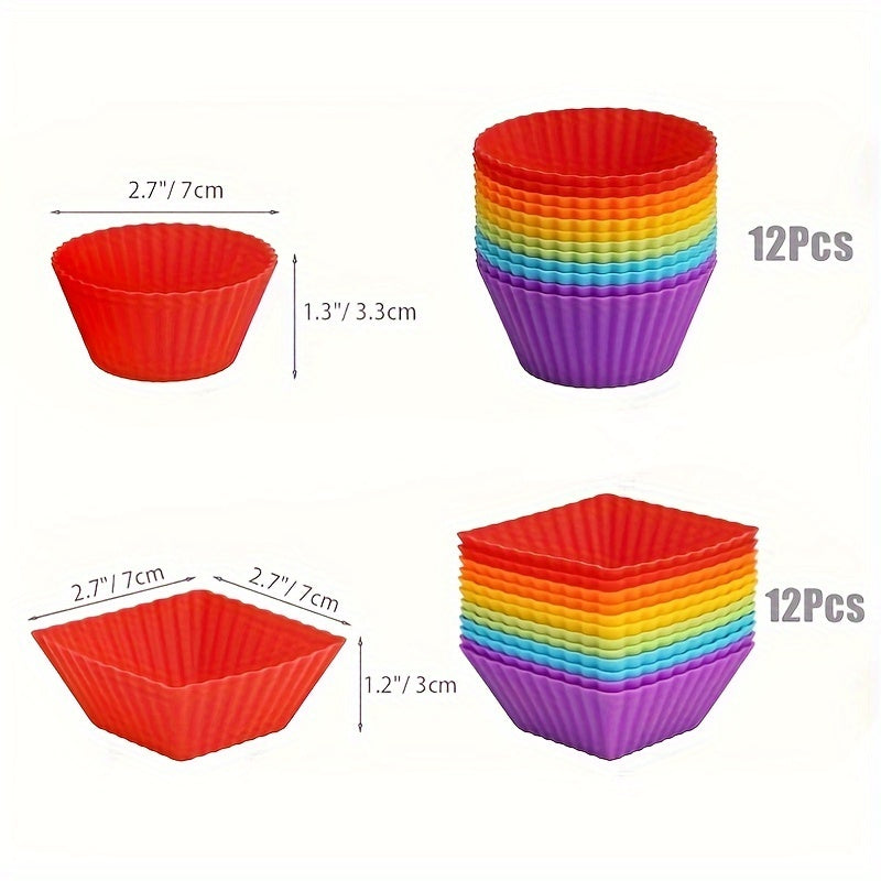 Reusable non-stick silicone baking cups for muffins and cupcakes, sold in packs of 12 or 24.