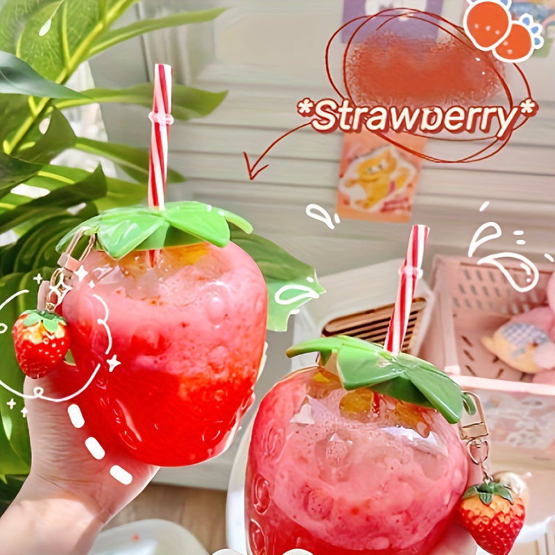 Cute transparent strawberry tumbler with lid and straw, perfect for milk tea or fruit drinks. Great for parties and on-the-go.