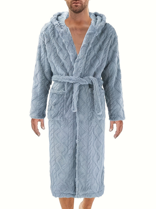 Men's over-the-knee bathrobe with thick fleece, V-neck, and blue quilted design for winter comfort.