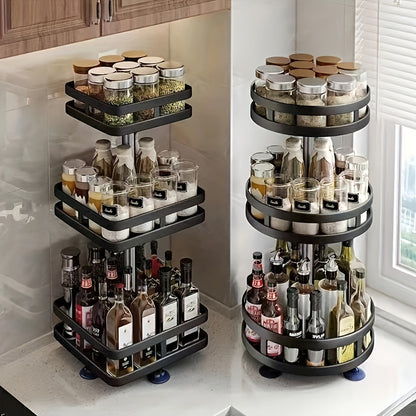 Metal spice rack with storage containers for seasonings, oils, and vinegar, with single, double, or triple layer options and 360-degree rotation.