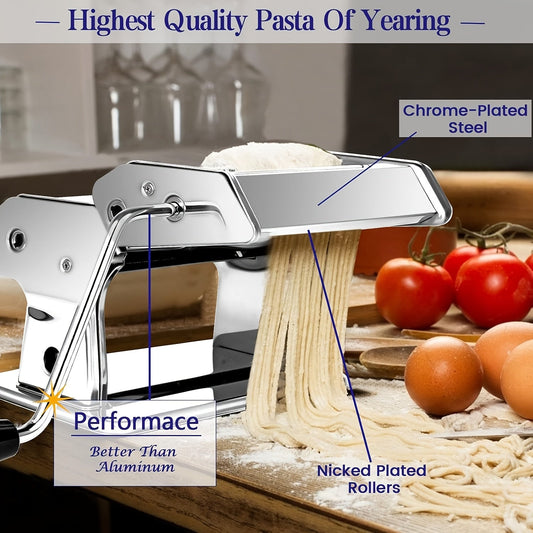 Stainless Steel Manual Pasta Maker with 7 Adjustable Thickness Settings for Italian Noodles, Meat Slices, and Wide Noodles, Compatible with Double Width Pasta Machine.