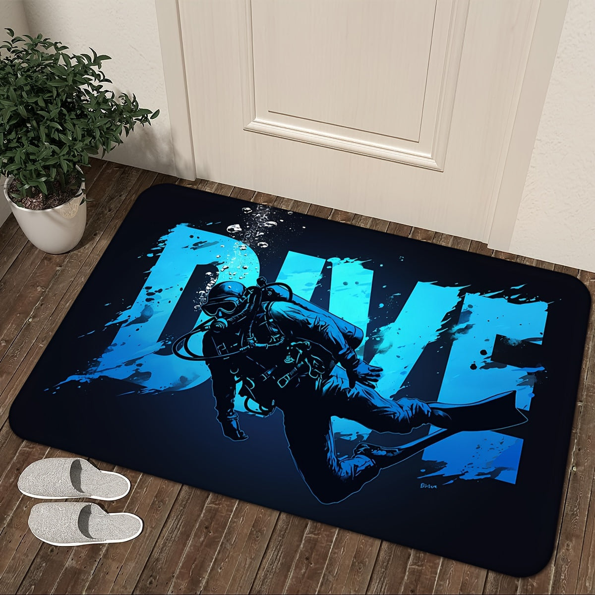 Flannel Anti-Fatigue Doormat "Diver" - 1 Piece - Absorbent, Non-Slip, Machine Washable Comfort Floor Mat with Underwater Design for Entryway, Kitchen, Living Room, Bedroom, Laundry