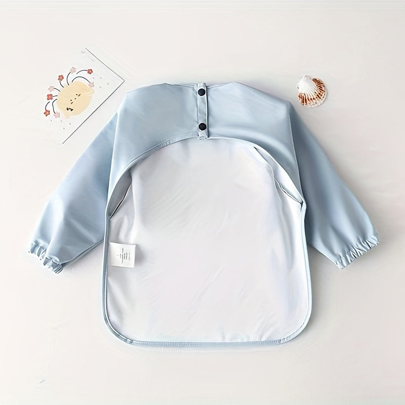 Wearing a Long Sleeve Soft PU Material Bib that Covers and Protects Eating Clothes, Waterproof and Reversible for Easy Cleaning.