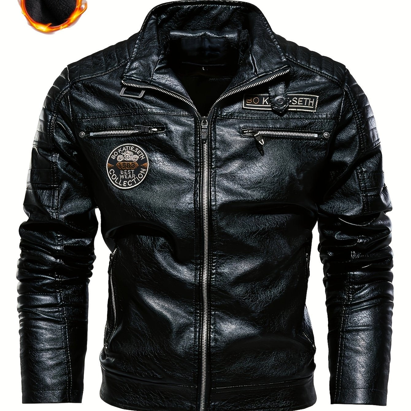 Men's stylish faux leather jacket with zippered pockets for autumn and winter.