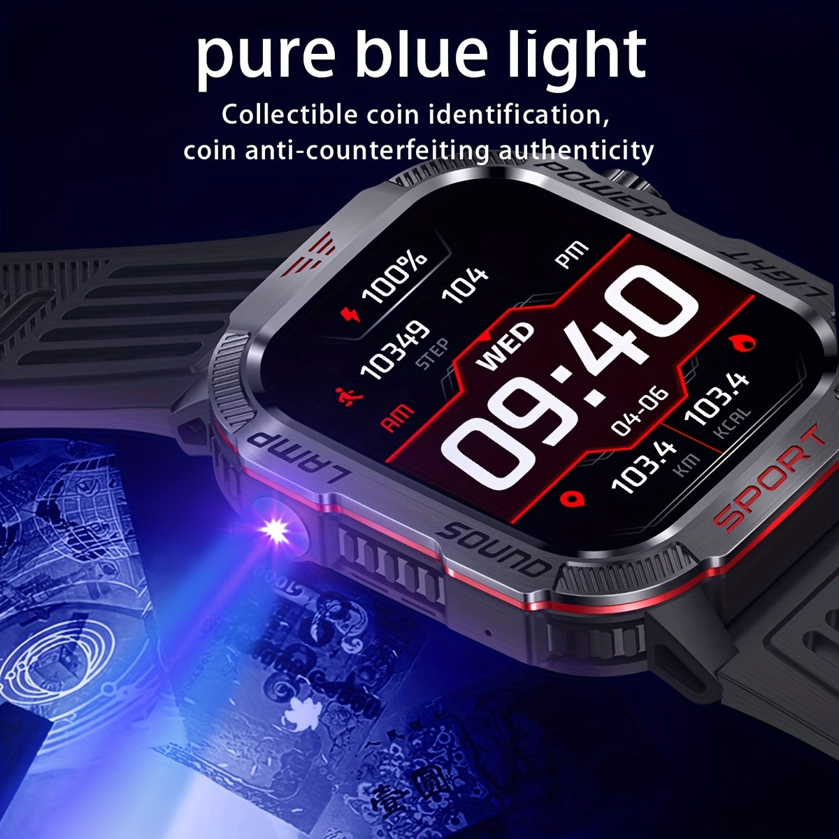 Durable outdoor smartwatch for iPhone & Android, with wireless call capabilities, LED flashlight, fitness tracking, waterproof design, and long-lasting battery.