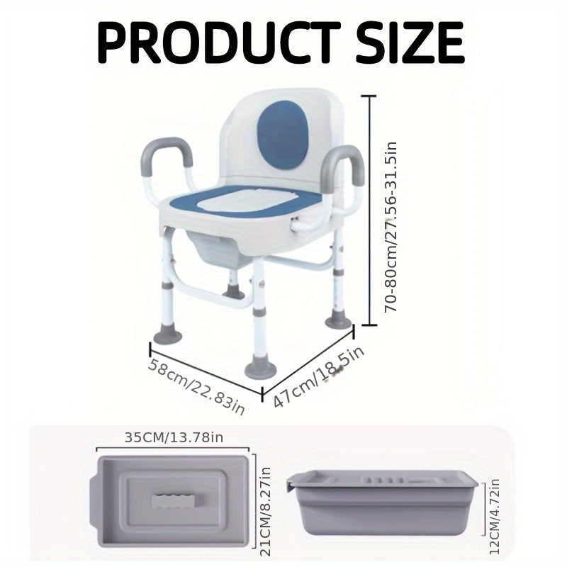 Adjustable medical toilet chair with wide seat, safety rails, and handles for elderly, pregnant women, and disabled individuals.