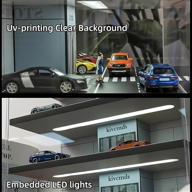 Black PVC 1:64 Scale Model Car Garage Display Case with manual operation and transparent dustproof cover. Features LED lighting, parking lot scene, and stereo model car storage. Perfect for