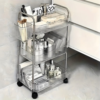 3-Tier rolling storage cart with easy assembly, durable acrylic organizer for snacks, beauty, and personal care products. Ideal for bathroom, office, and laundry room.