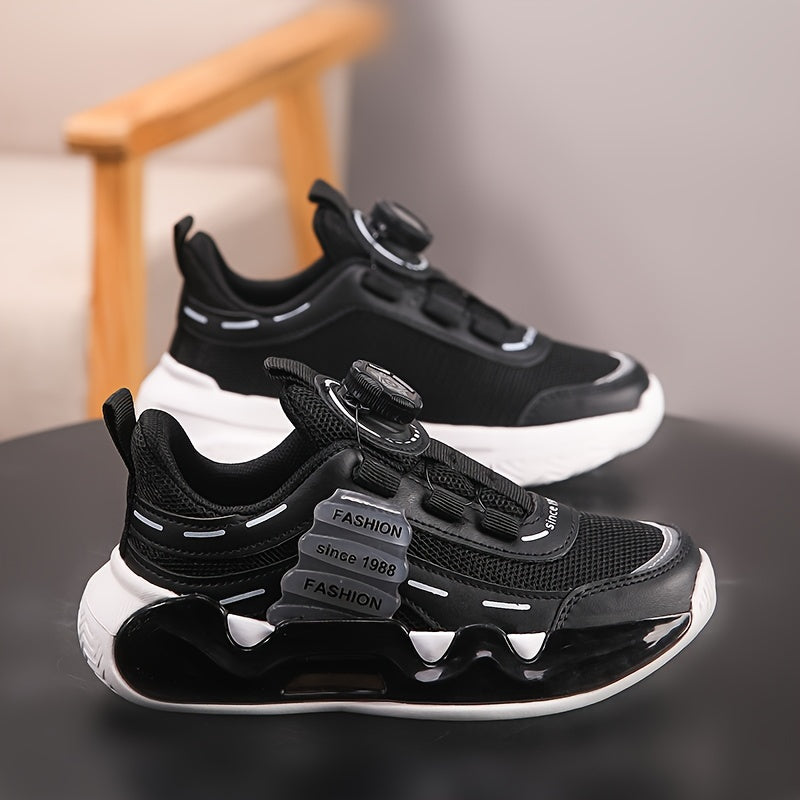 Black & White checkered athletic sneakers for boys with rotating buckle closure. Low-top design, lightweight and comfortable for school or sports.