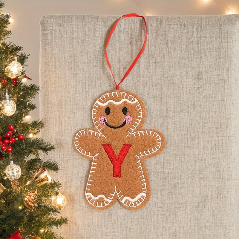 Embroidered gingerbread man ornament for Christmas decoration, made of fabric material. Classic style and no power required. Perfect for home and kitchen use.