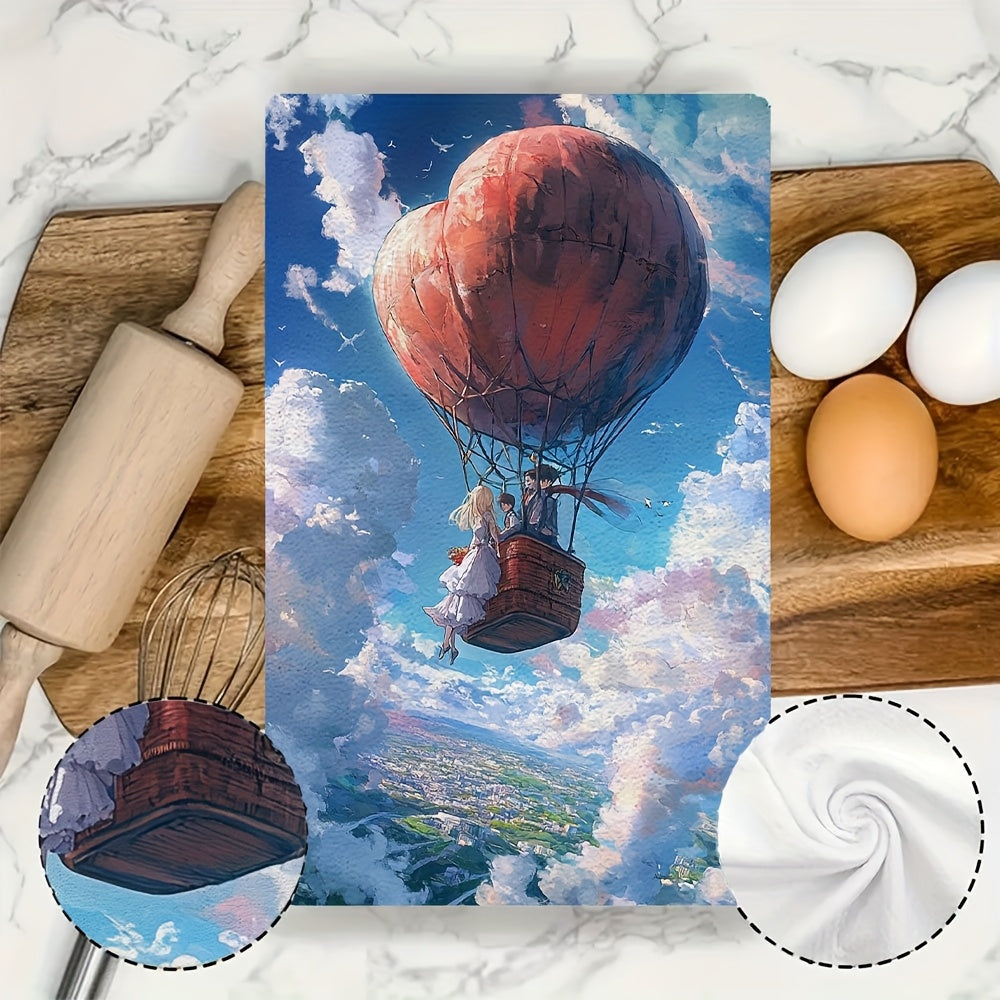 Pair of two super-soft kitchen towels showcasing an animated couple inside a heart-shaped hot air balloon. These highly absorbent dish towels are ideal for holiday decorating and can be easily cleaned in the washing machine. Each towel measures