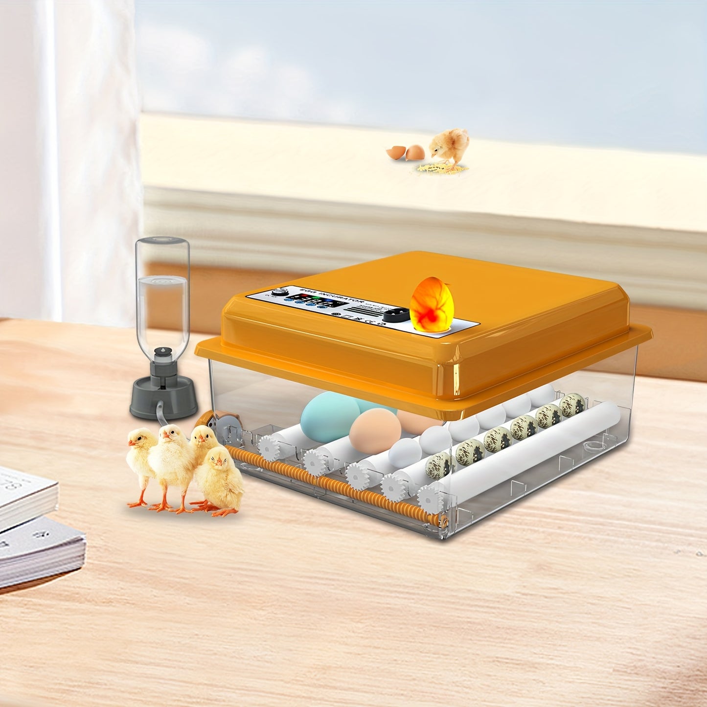 CoInceptus 16-Egg Incubator: Transparent, Orange, LED Lamp, Automatic Water Filling, Easy Assembly. Ideal for Duck, Quail, Goose, Pigeon Eggs. Perfect for Lab Egg Turning.