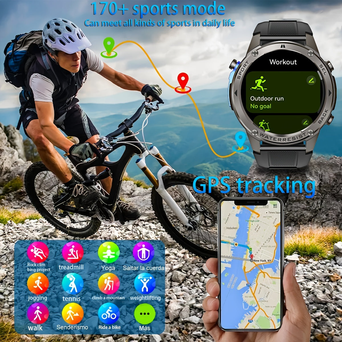 GPS smart watch for outdoor enthusiasts with compass, altitude, swimming, triathlon modes, and 170+ sports modes. Features include automatic motion pattern recognition, ATS3085L chip, and