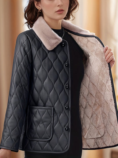 Women's polyester quilted jacket with contrast faux fur collar, long sleeve, regular fit, placket, and flared hem, 60g weight, all-season outerwear.