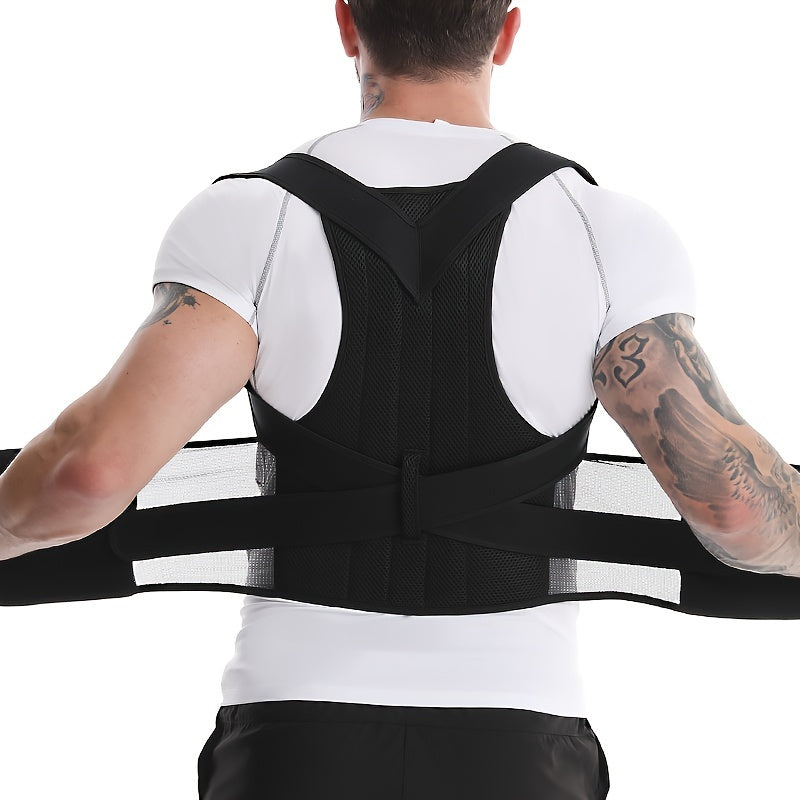 Adjustable men's vest with wide waist support and back brace made of neoprene, polyester, and nylon blend, in a sports style.