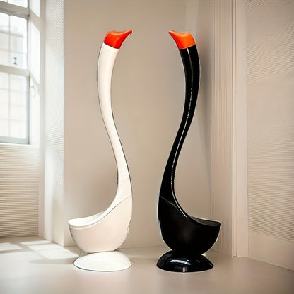 Swan-shaped toilet brush with angled bristles, floor mount, no-drill installation, long handle, medium firmness, kickstand, no electricity required.