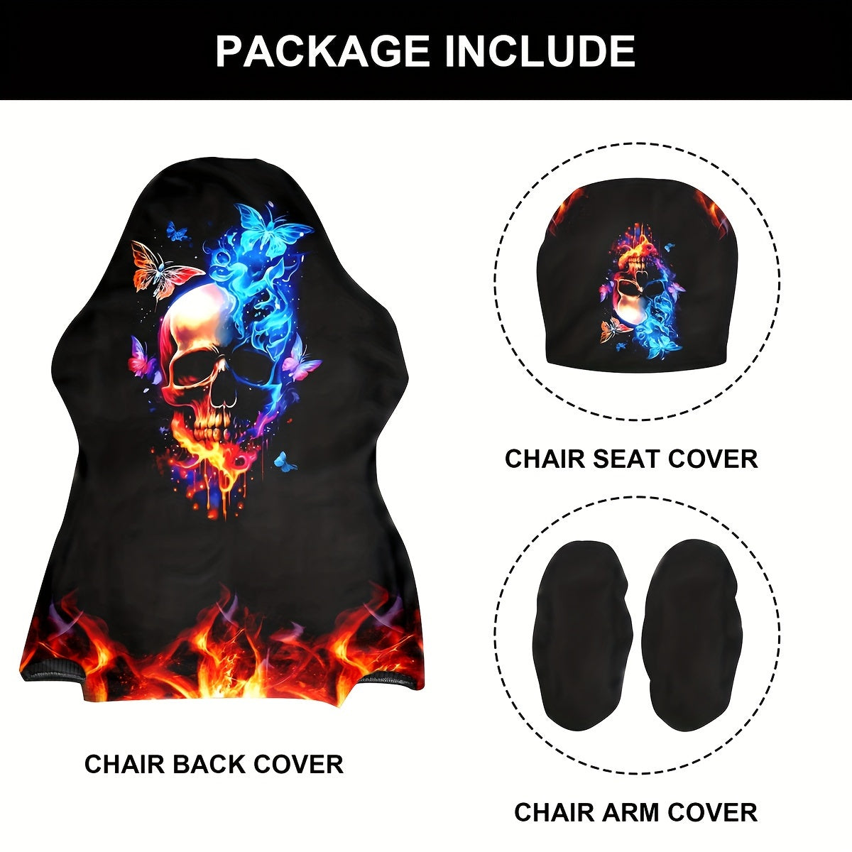 Stretchable and washable gaming chair cover with eclectic skull design, made of premium milk fiber fabric. The one-piece slipcover boasts high elasticity and easy fit, featuring a digital