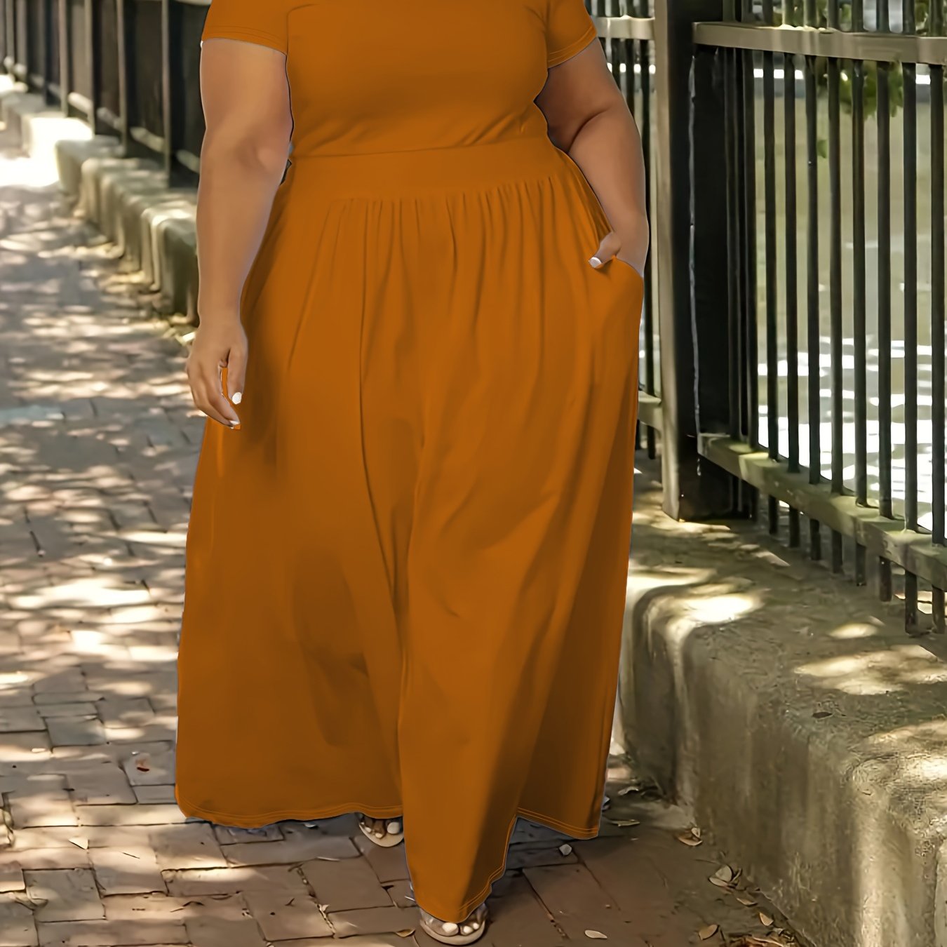 Stretchy solid maxi dress for plus size women with short sleeves