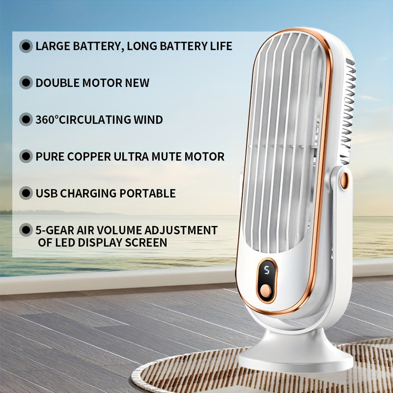 Ideal Gift for Christmas & Valentine's Day - Portable Dual Motor Fan with Large Battery, 5-Speed Table Fan featuring 720° Oscillation, USB Rechargeable Plastic Fan with Built-in Lithium Battery, Perfect for Home, Office, Travel, Camping, Indoor & Outdoor