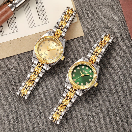 Elegant ladies' quartz watch with round Aurora shell dial, crystal hour markers, two-tone zinc alloy bracelet band, and electronic movement.