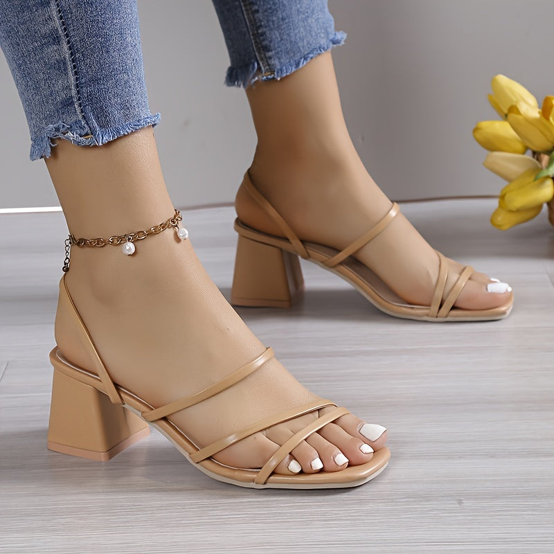 Chunky heel sandals with square toe and slip-on design for women, perfect for casual summer wear.