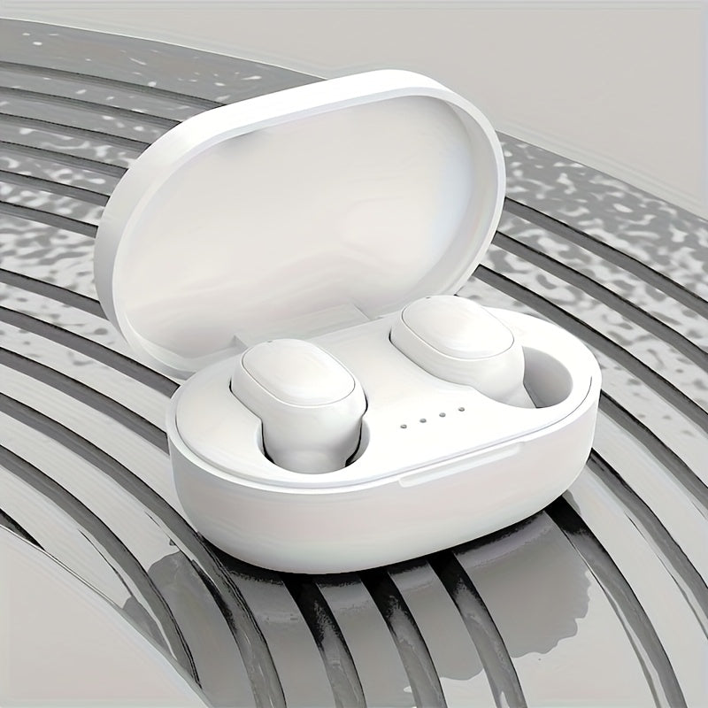 Compact and portable wireless headphones with transparent space capsule design and battery level display.