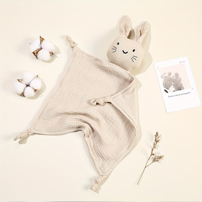 Muslin Blanket for Kids with Bunny Ear Teether - 29.97cm Square, Machine Washable, Solid Color Animal Companion made from Soft Gauze