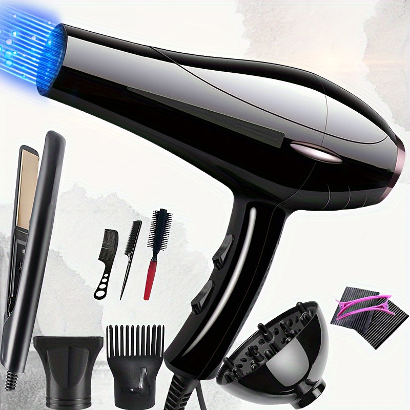 Salon-quality professional hair dryer set with straightener, European plug, includes diffuser, comb, hair clips, and brush. Features 2100W brush motor, 220V, non-folding plastic handle, and