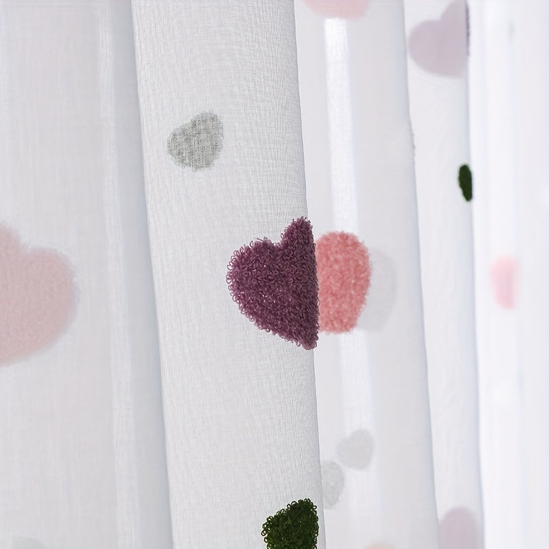 Modern heart pattern sheer curtain panel in pink, grommet top, washable polyester voile for youngsters' room; all-season decorative unlined curtain with eyelet, perfect for a princess-themed kid's bedroom.