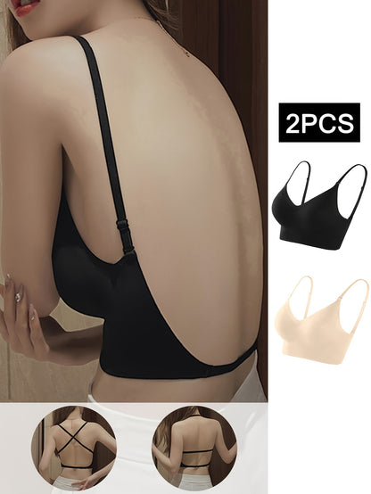 Solid Seamless Backless Bra - Wireless Push Up, Comfy & Breathable