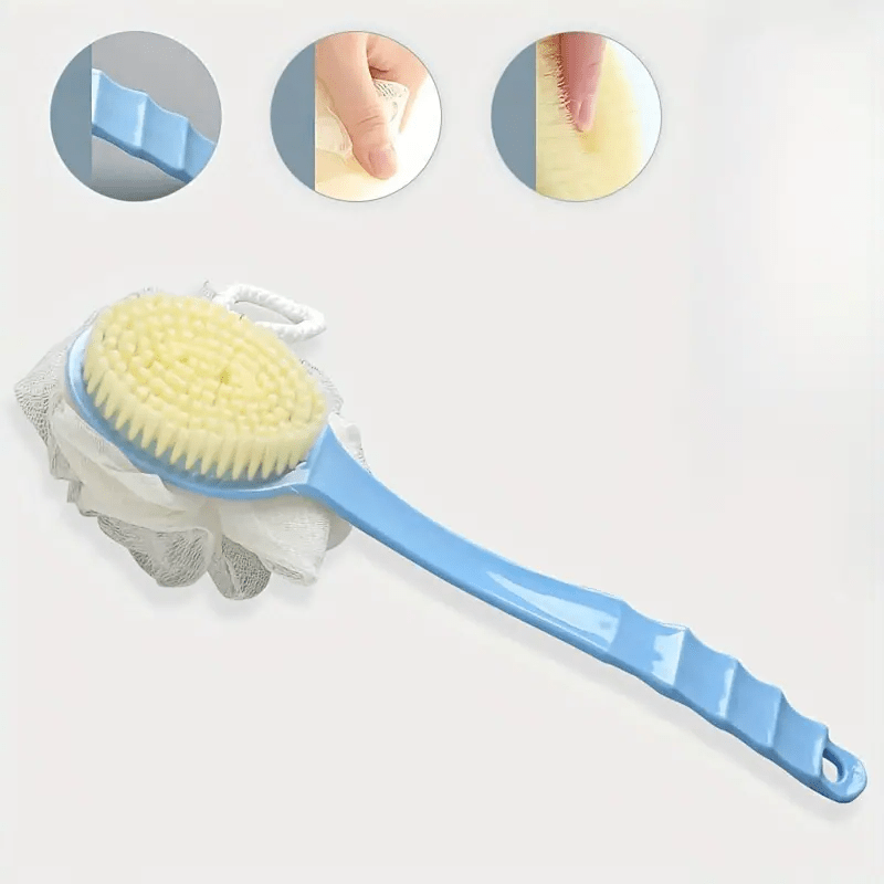 Dual colour exfoliating bath brush with long handle.