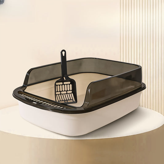 Semi-enclosed litter box for small to medium cats made from durable silicone and PP material with easy-clean design and high sides. Comes with ventilated pan and metal shovel.