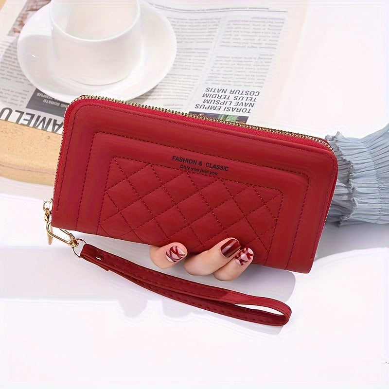 Quilted clutch wallet for women in burgundy/red/black faux leather, with wristlet, zipper closure, and organized compartments for daily use and evening phone storage.