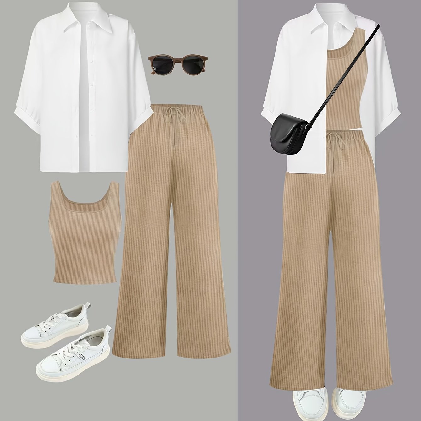 Women's 3-piece Casual Solid Color Set with Shirt, Tank Top, and Pants