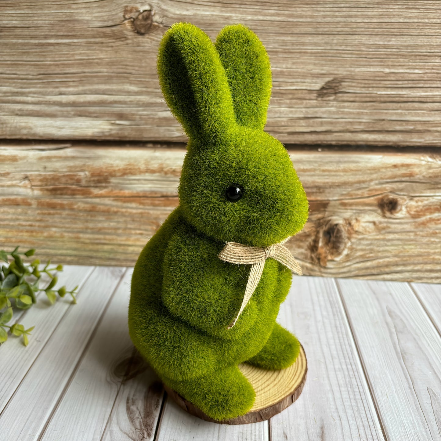 Charming 16.76cm Green Flocked Bunny Statue for Easter and Spring Garden Decor, with Ribbon Accent. Perfect for Holiday Celebrations and Home Yard Display.