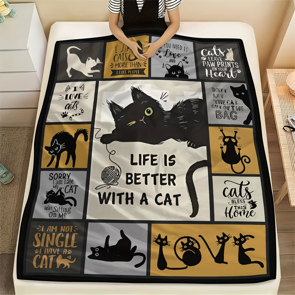 Contemporary Cat-Themed Flannel Fleece Blanket: This stain-resistant, all-season knit fabric throw features geometric animal patterns and digital print designs. Perfect for adding a touch of fun to your sofa or bed decor.