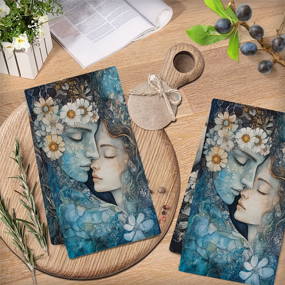 Two pieces of ultra soft kitchen towels featuring the "Serenity of Love" artistic design. These highly absorbent and machine washable dish hand towels measure 40.64x60.96 cm. Perfect for contemporary coastal decor, these towels feature a floral and