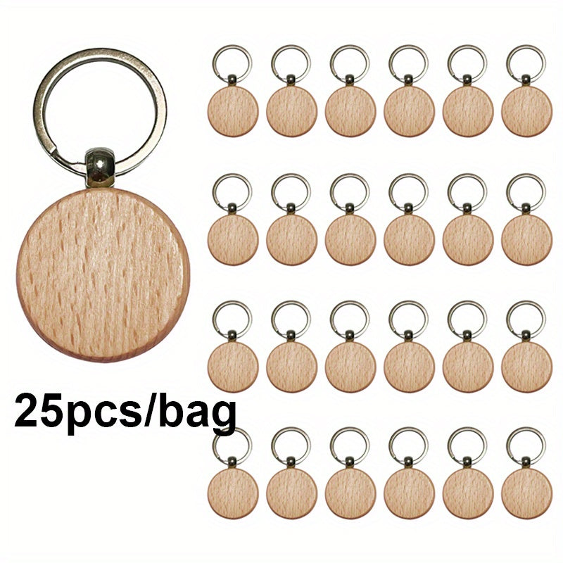 Wooden keychains are available in packs of 25, each bag containing a mix of round, rectangle, and heart-shaped blanks that are perfect for laser engraving.