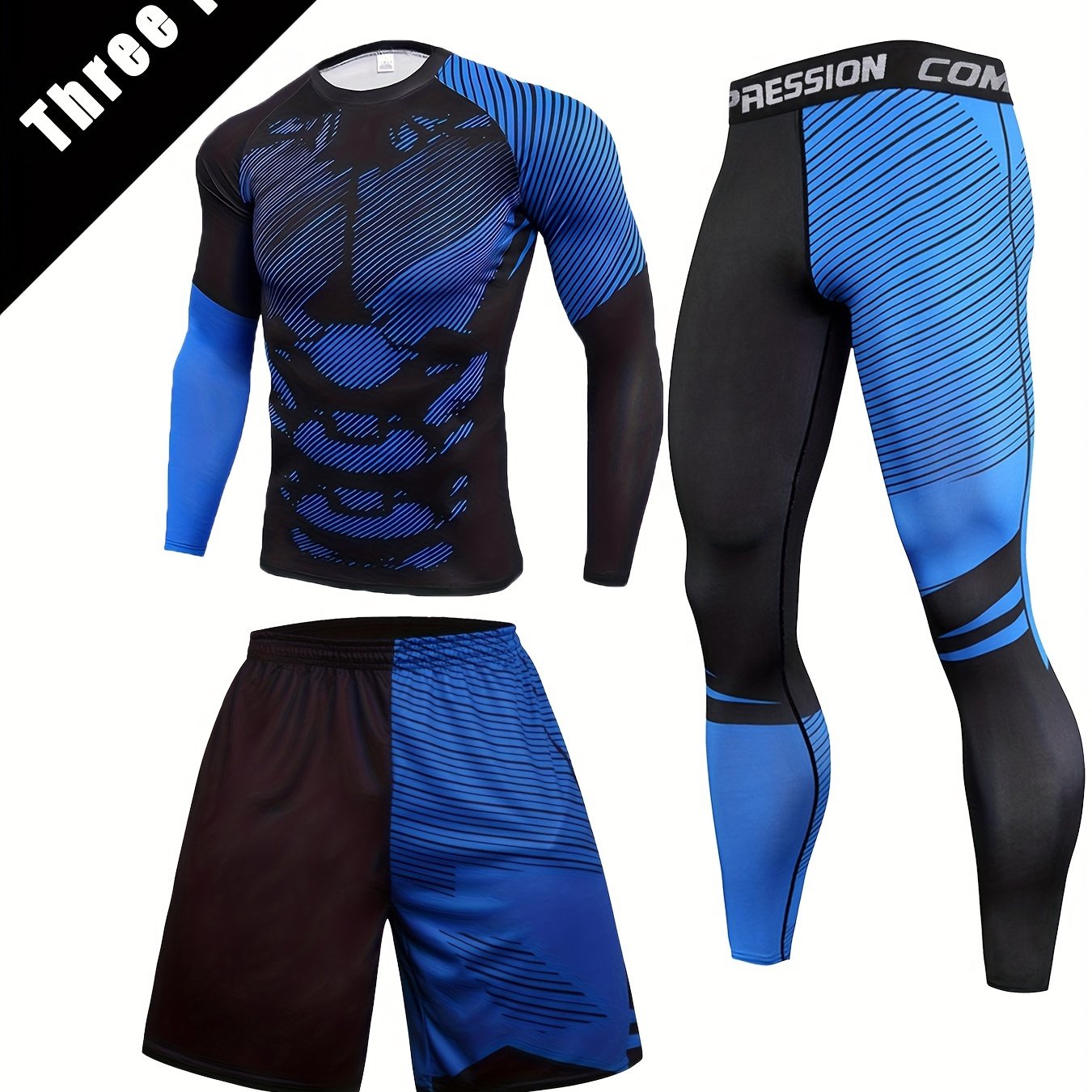 3-piece Men's Quick-drying Sports Suits: Long Sleeve Compression T-shirt, Breathable Shorts, High Stretch Leggings