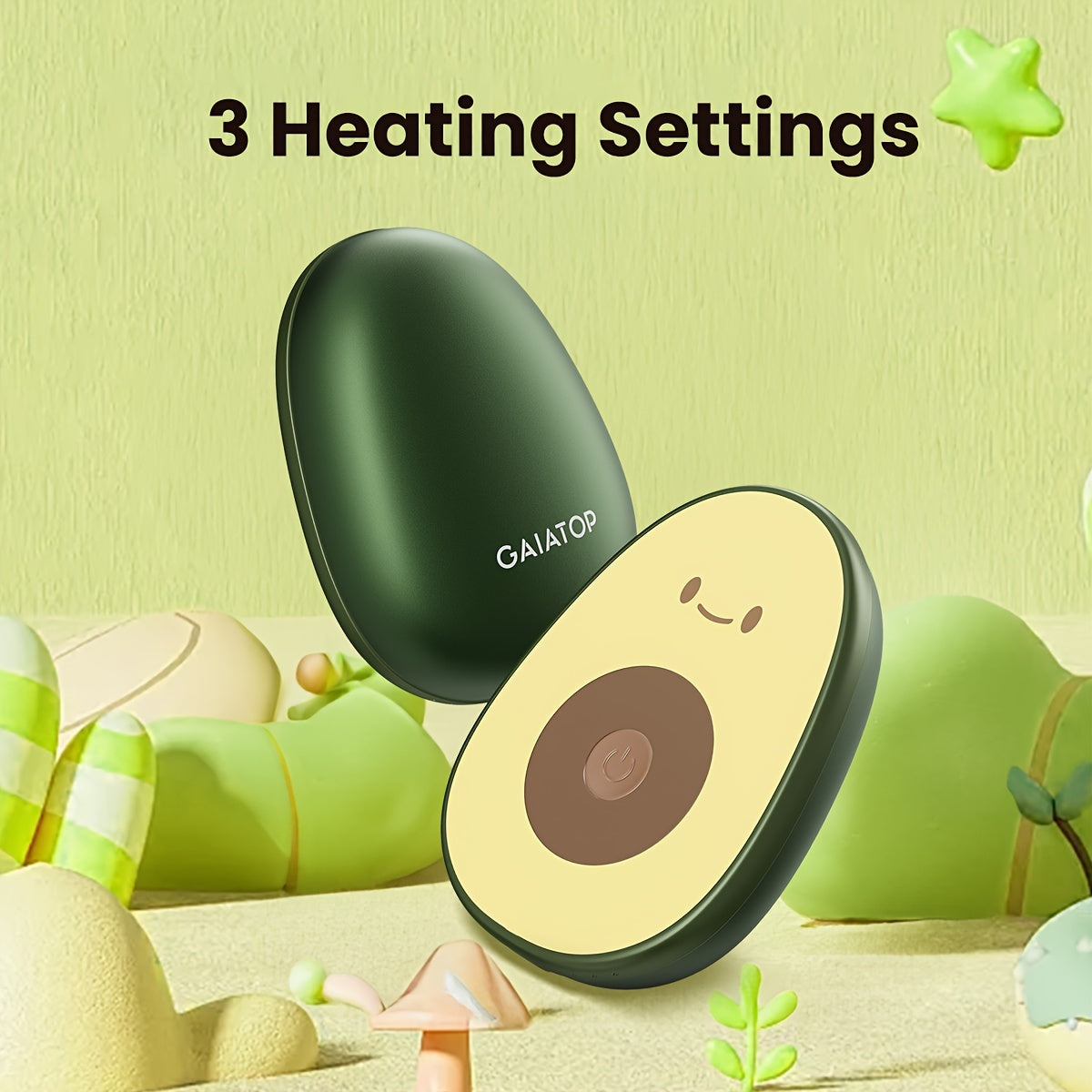 2 rechargeable hand warmers from GAIATOP - Features a cute avocado design, magnetic detachable feature, and USB powered for outdoor & camping use.