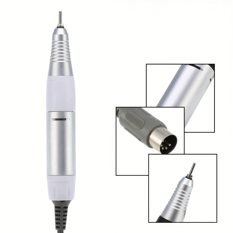 White electric nail drill pen handle for manicure pedicure polishing, 35000RPM nail tool made of iron with emery grit, uncharged power mode.