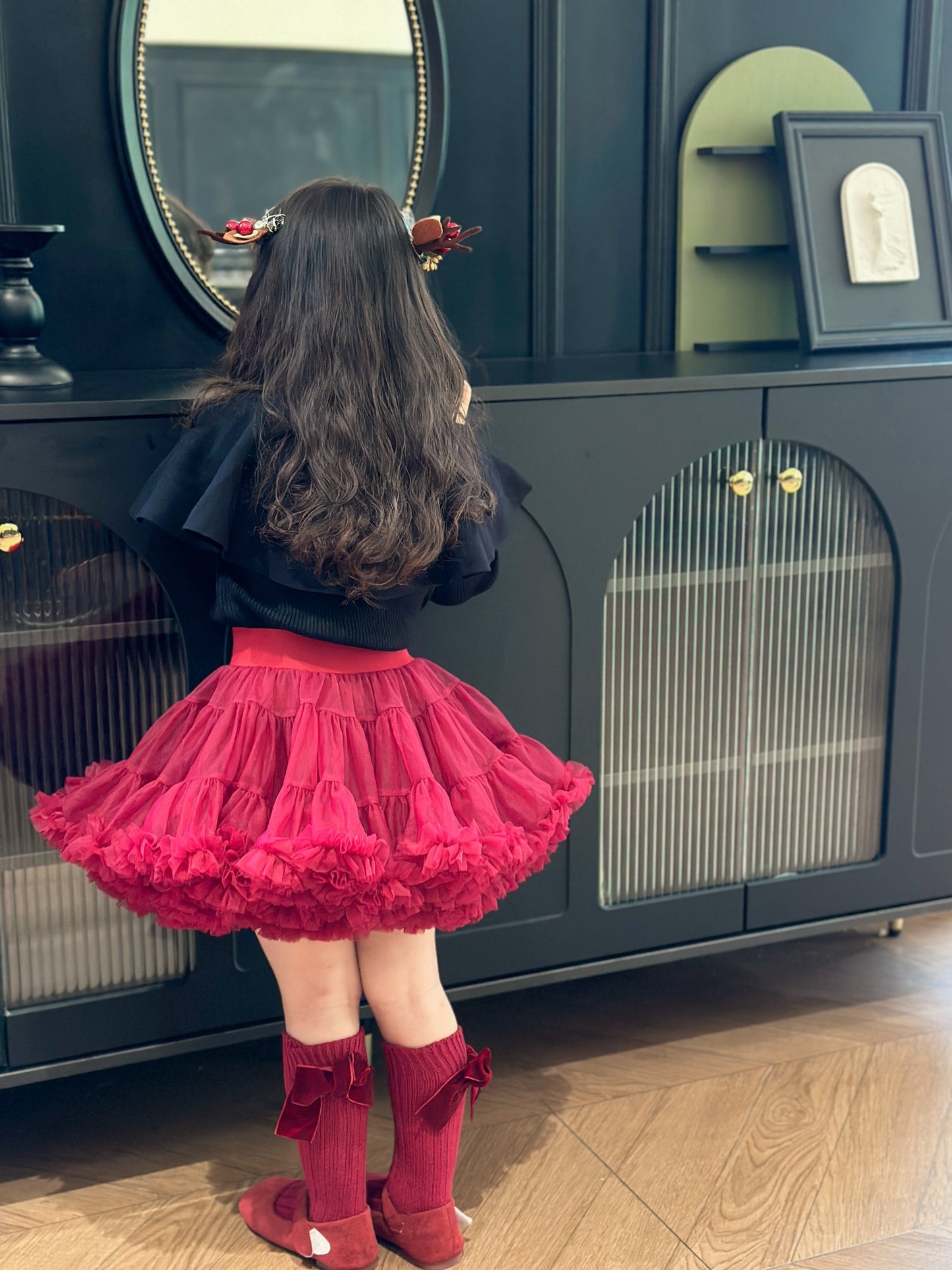 Girls' Princess Skirt in charming wine red baroque style, with tulle overlay, 100% polyester, perfect for all seasons.