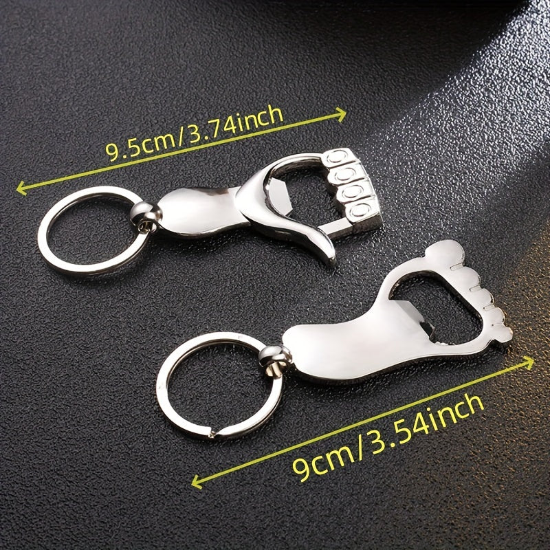 Multifunctional palm-shaped metal keychain bottle opener requires no power, suitable for kitchen and dining decor.