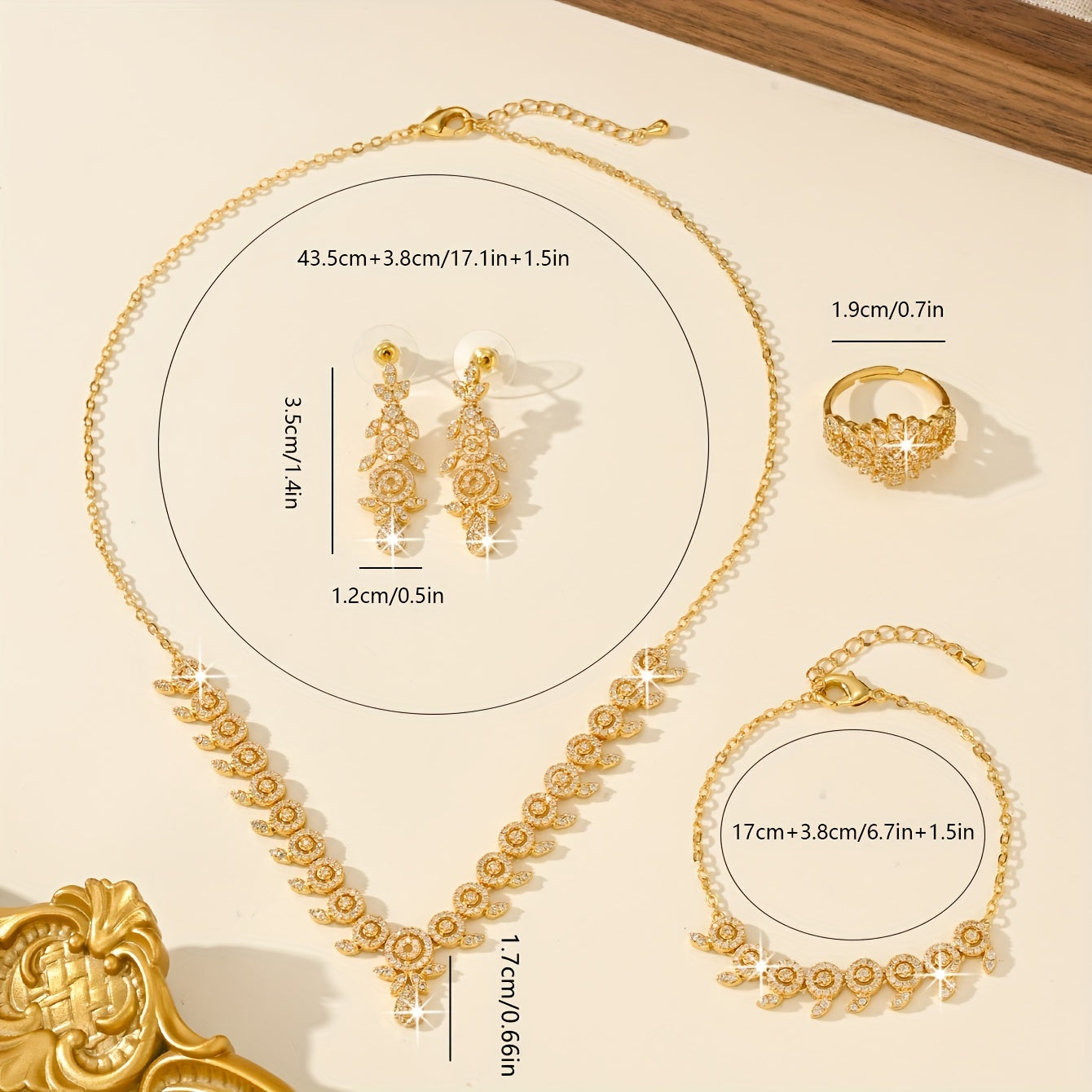 Luxurious Floral Jewelry Set featuring 5 pieces, made with 18K Gold Plated Copper, adorned with Synthetic Zirconia stones in a Leaf and Teardrop design. This set includes a Necklace, Bracelet, Earrings, and an Adjustable Ring, perfect for Women to wear