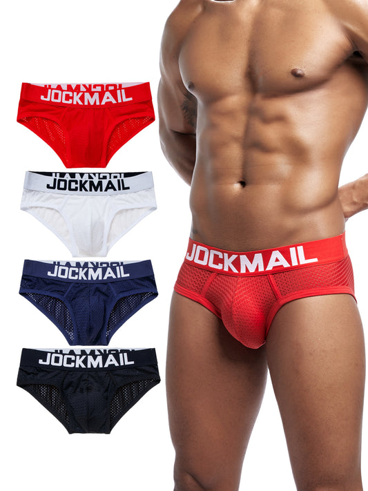 4-Pack JOCKMAIL Men's Briefs: Nylon 90%, Spandex 10%, Medium Stretch, Breathable Contrast Mesh, Low Rise, Letter Print for Daily & Casual Use