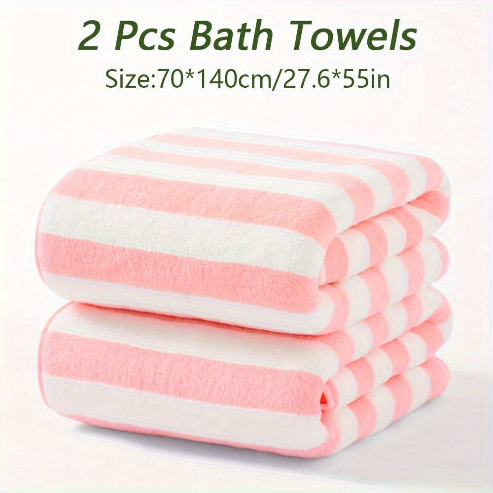 2 high-quality microfiber bath towels with stripe pattern. Absorbent, quick-drying, and soft towels available in multiple colors for use in the bathroom, gym, or shower.