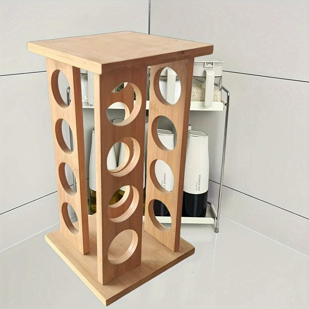 Bamboo Kitchen Countertop Spice Rack: 360 Degree Multi-Grid Rotating Seasoning Bottle Holder, Free Installation, Holds 16 Cans