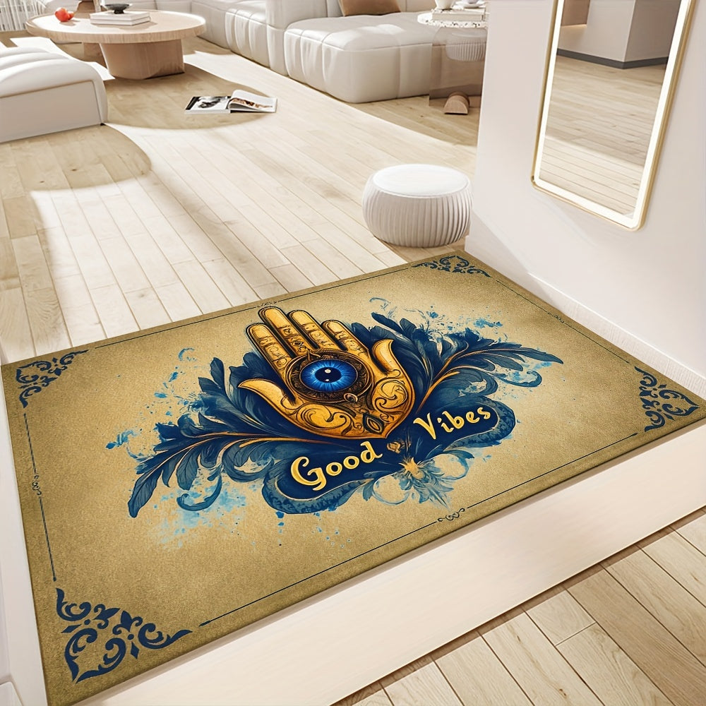 Add a touch of style to your home with this Evil Eye Welcome Doormat. Featuring a Good Vibes pattern, this decorative woven floor mat is non-slip, machine washable, and easy to clean. Made of polyester, this rug is perfect for both indoor and outdoor