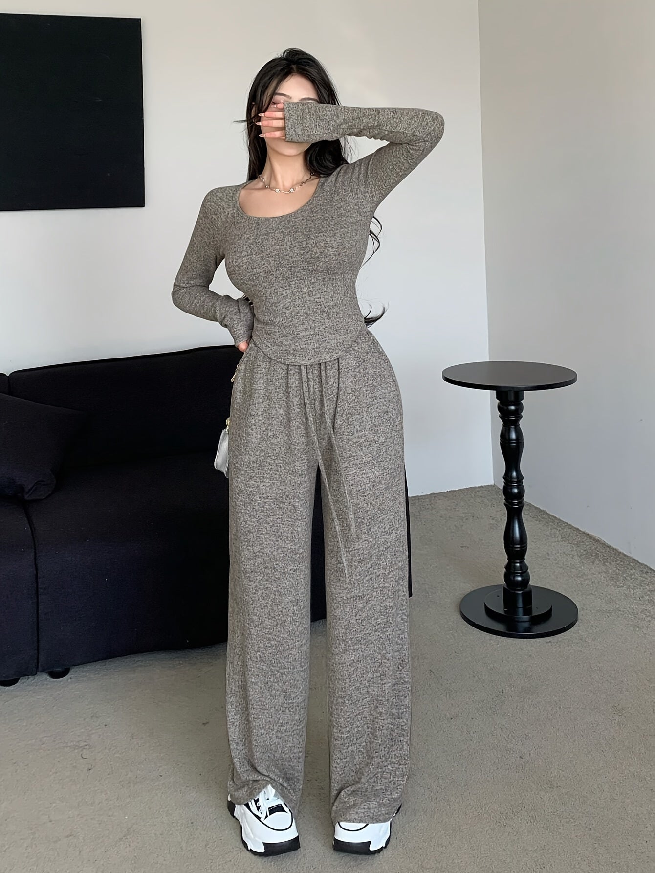 Women's Fall/Winter Polyester Crew Neck Top with Loose-Fit Pants and Pockets in Solid Color Knit Fabric Home Set.